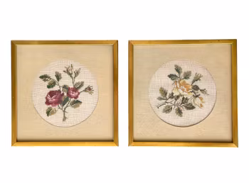 Two Hand Embroidered Paintings with Floral Motifs - Vintage Crafts in Elegant Frames