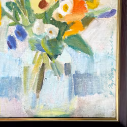 Signe Rydberg Jönsson (1906-1997) - Oliemaleri på panel - Farverigt blomsterstilleben