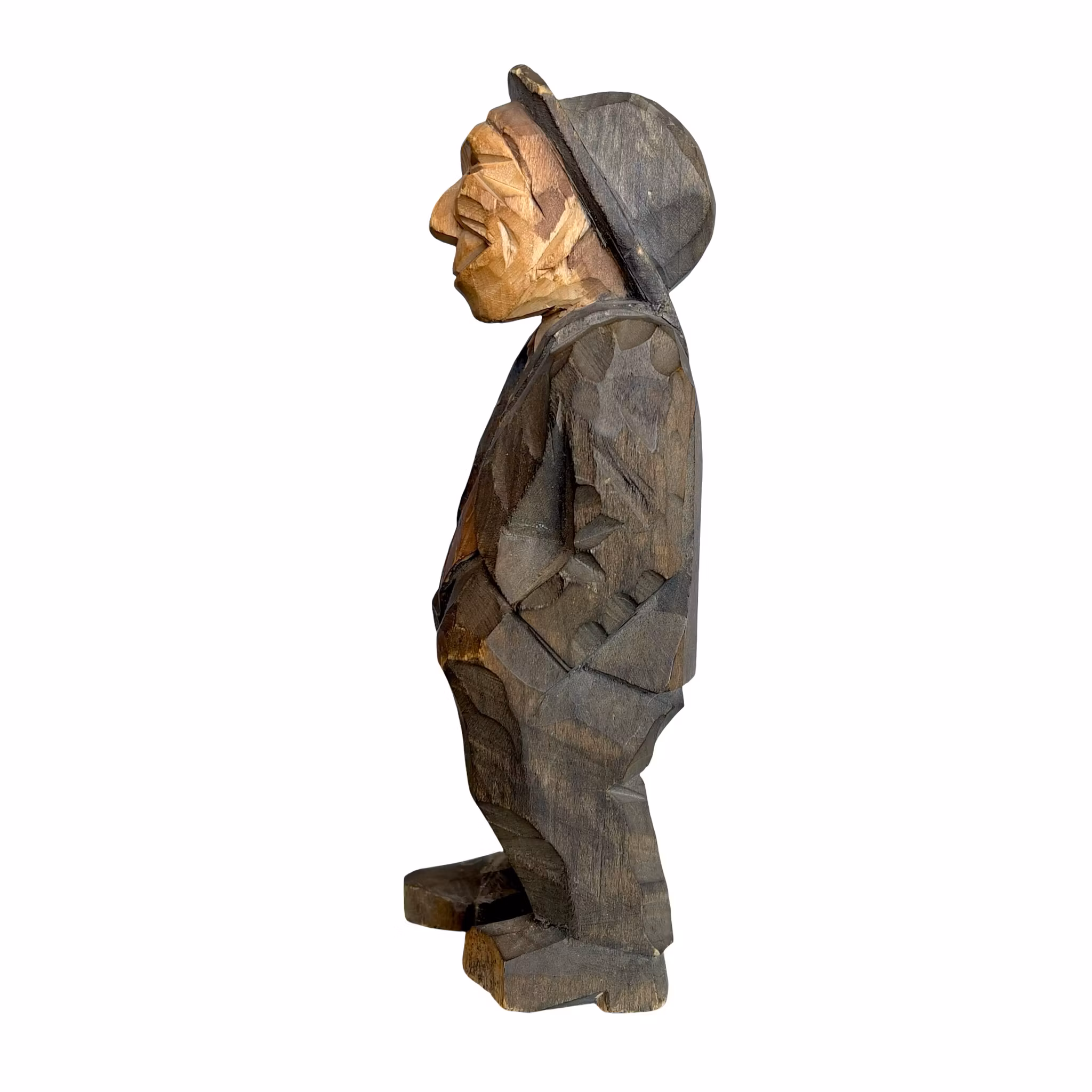 Träskulptur - Hand snidad Gubbe med Hatt - Signerad