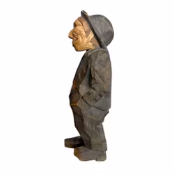 Wooden sculpture - Hand carved Old Man with Hat - Signed