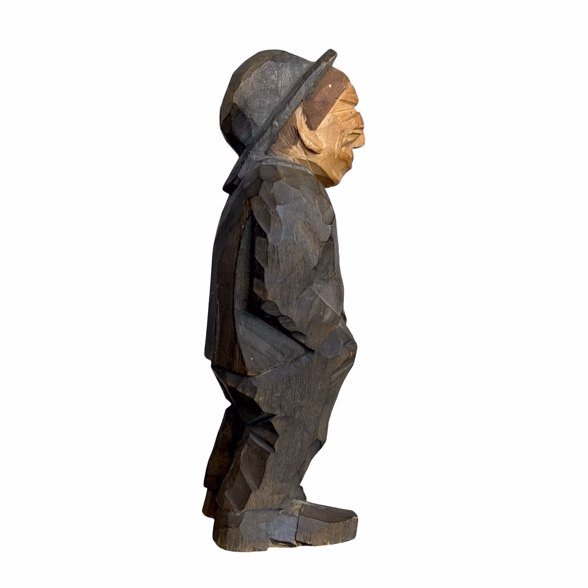Träskulptur - Hand snidad Gubbe med Hatt - Signerad