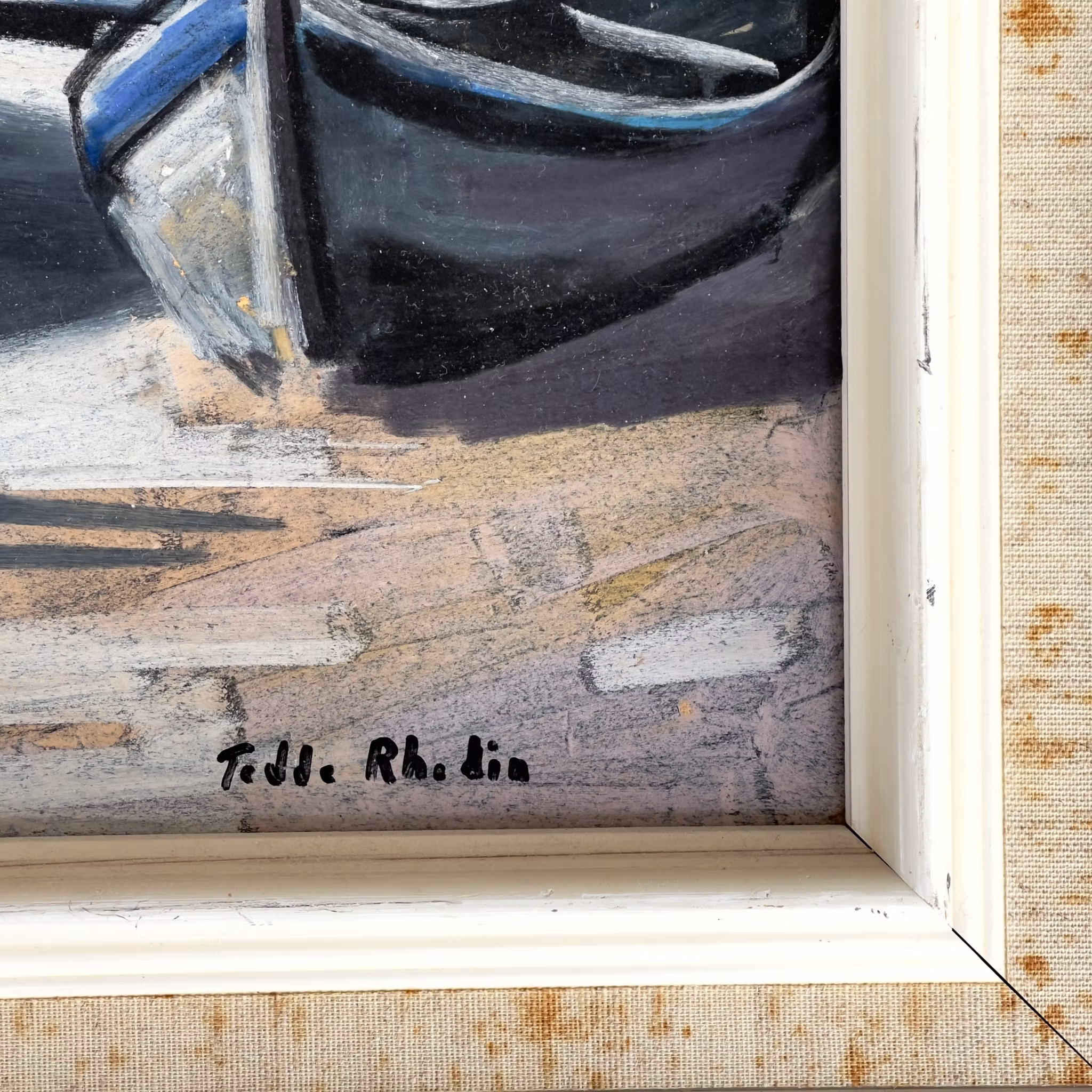 Tedde Rhodin (1924-2018) - Oljemålning på pannå - Hamnmotiv med båtar - Signerad