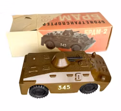 Vehículo blindado de reconocimiento soviético BRDM-2 de juguete antiguo - escala 1:43 con caja de cartón original
