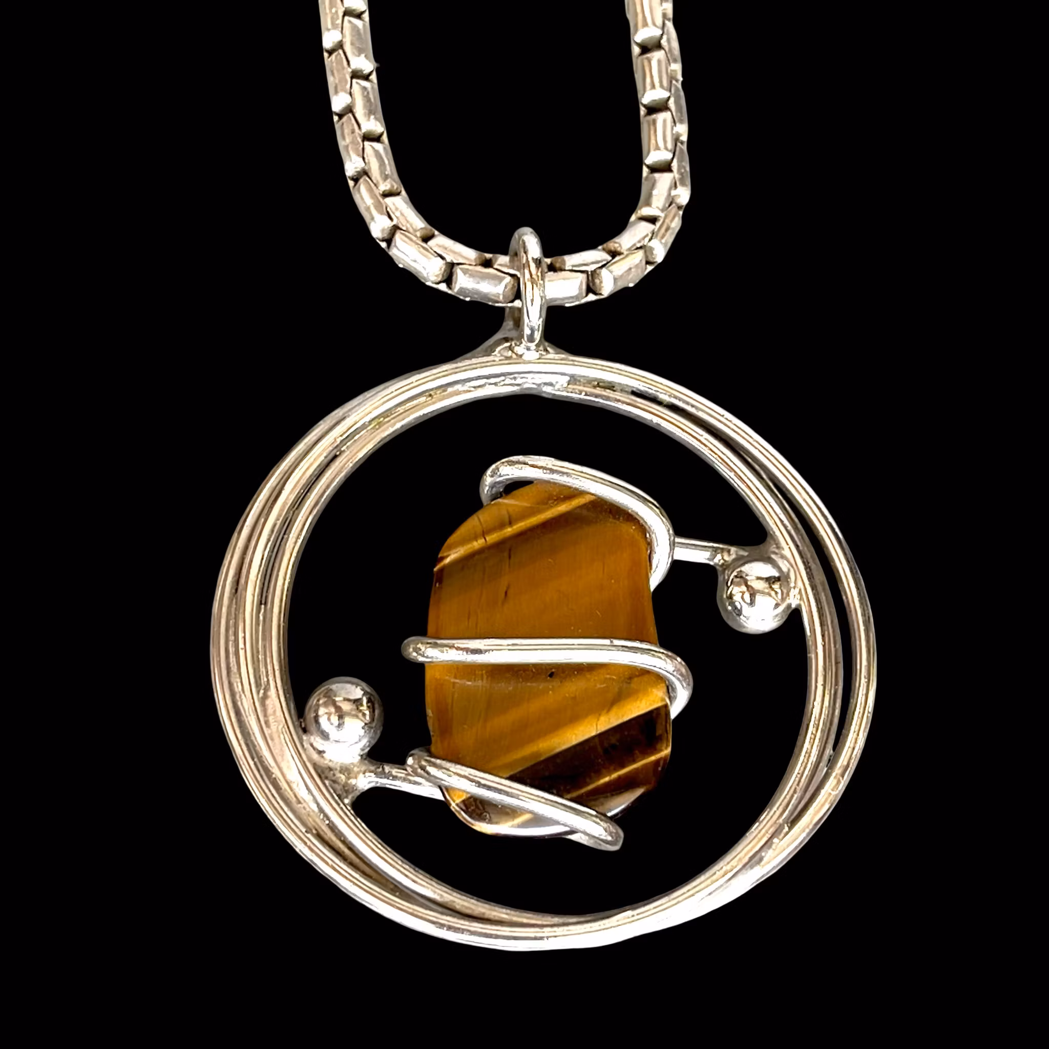 Vintage halsband med tigeröga - Modernistisk design i vitmetall