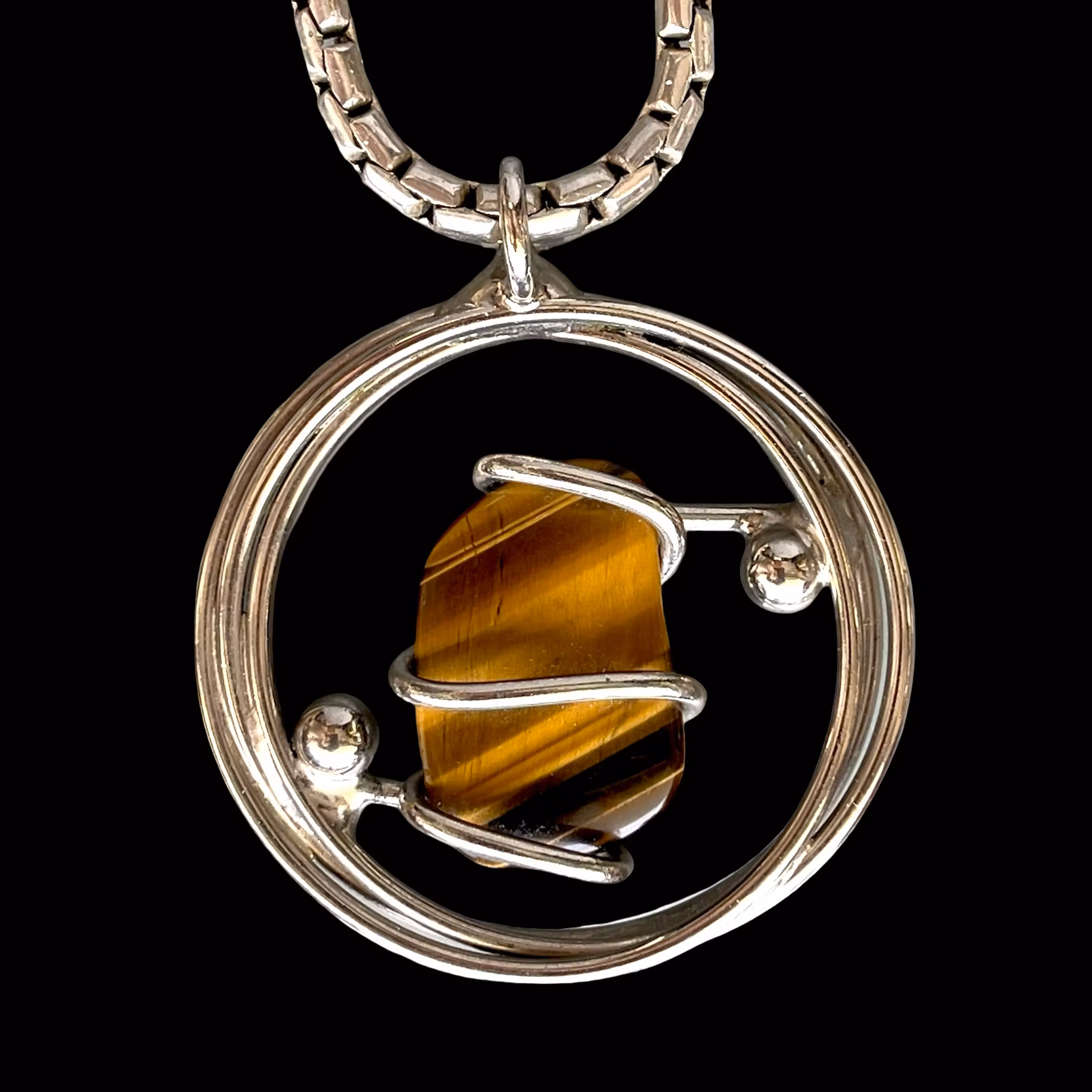Vintage halsband med tigeröga - Modernistisk design i vitmetall