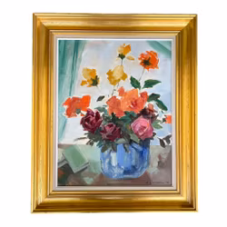 Simon Lundell (1943) - Blomsterstilleben med roser - Oljemaleri på panel