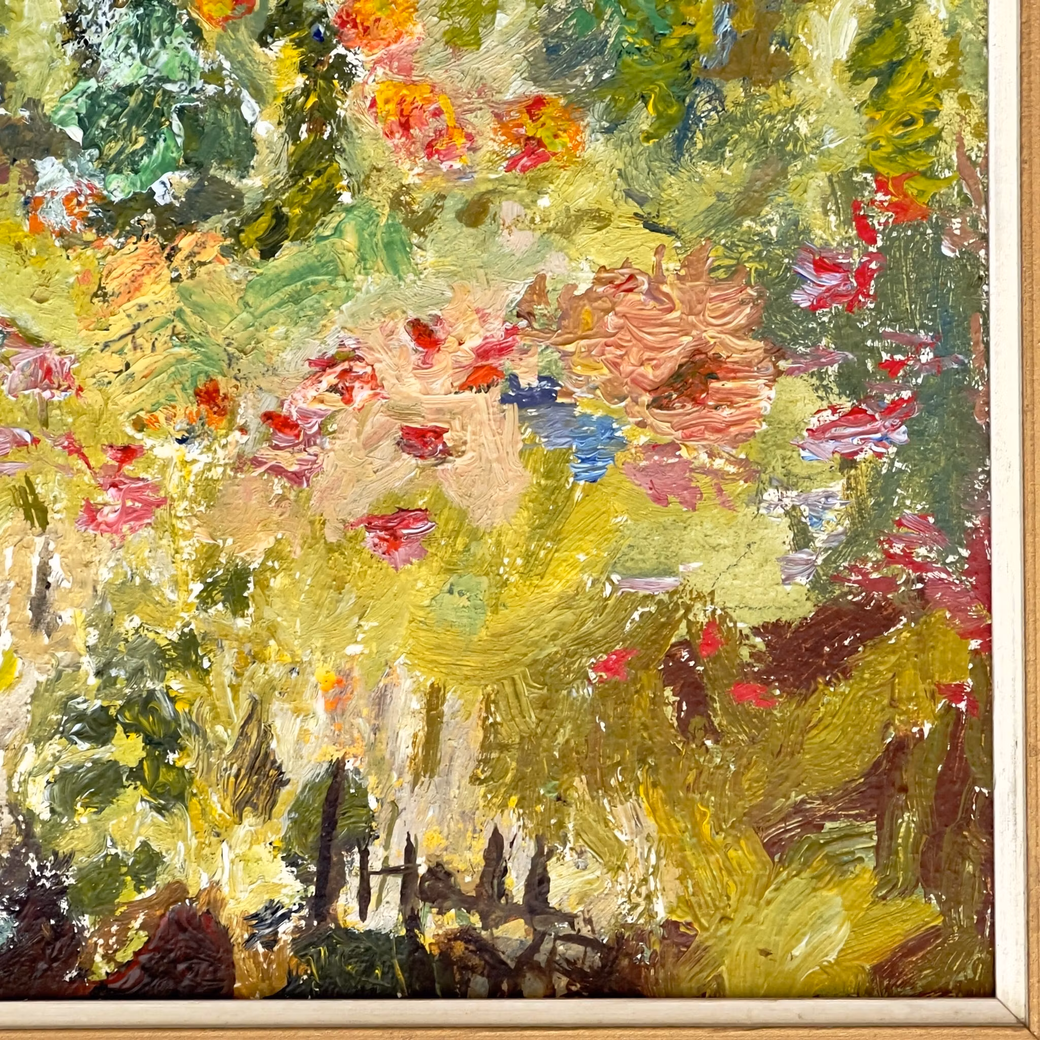 J. Hall - Oljemålning på pannå - Trädgårdslandskap med blomster och träd