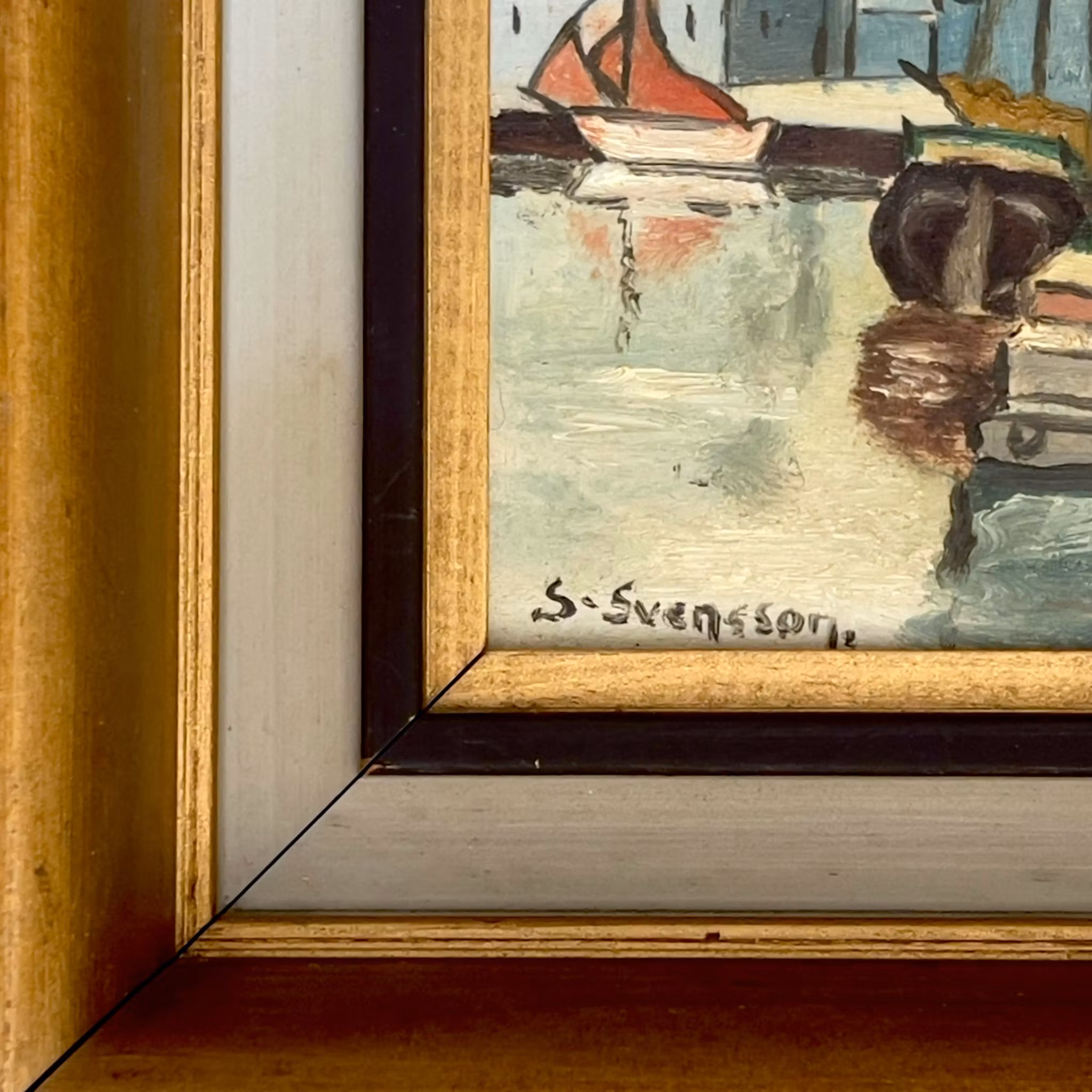 Samir Svensson (1884-1958) - Oljemålning på pannå - Marint hamnmotiv