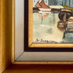 Samir Svensson (1884-1958) - Oljemålning på pannå - Marint hamnmotiv