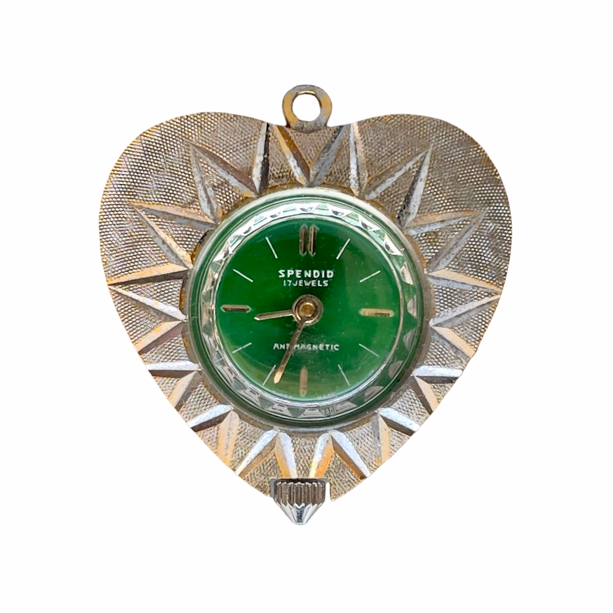 Vintage Spendid 17 Jewels - hjärtformat klockhänge - Grön urtavla - Mekaniskt damur