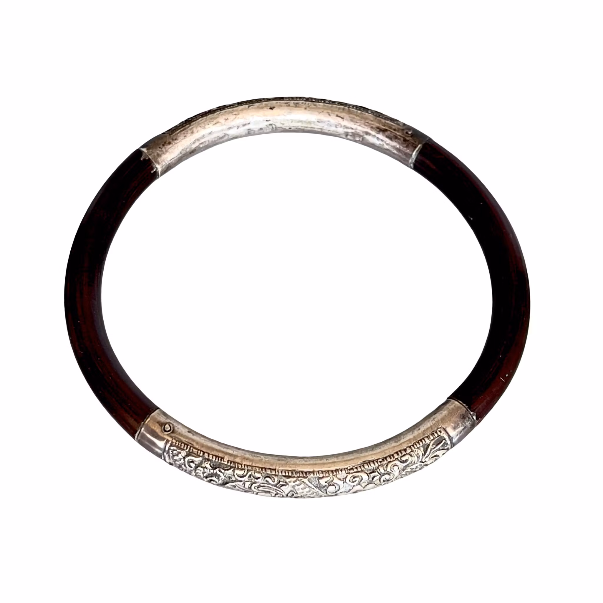 Antik kinesisk armring i stämplat silver och bambu - Lyckotecken & handgraverad dekor