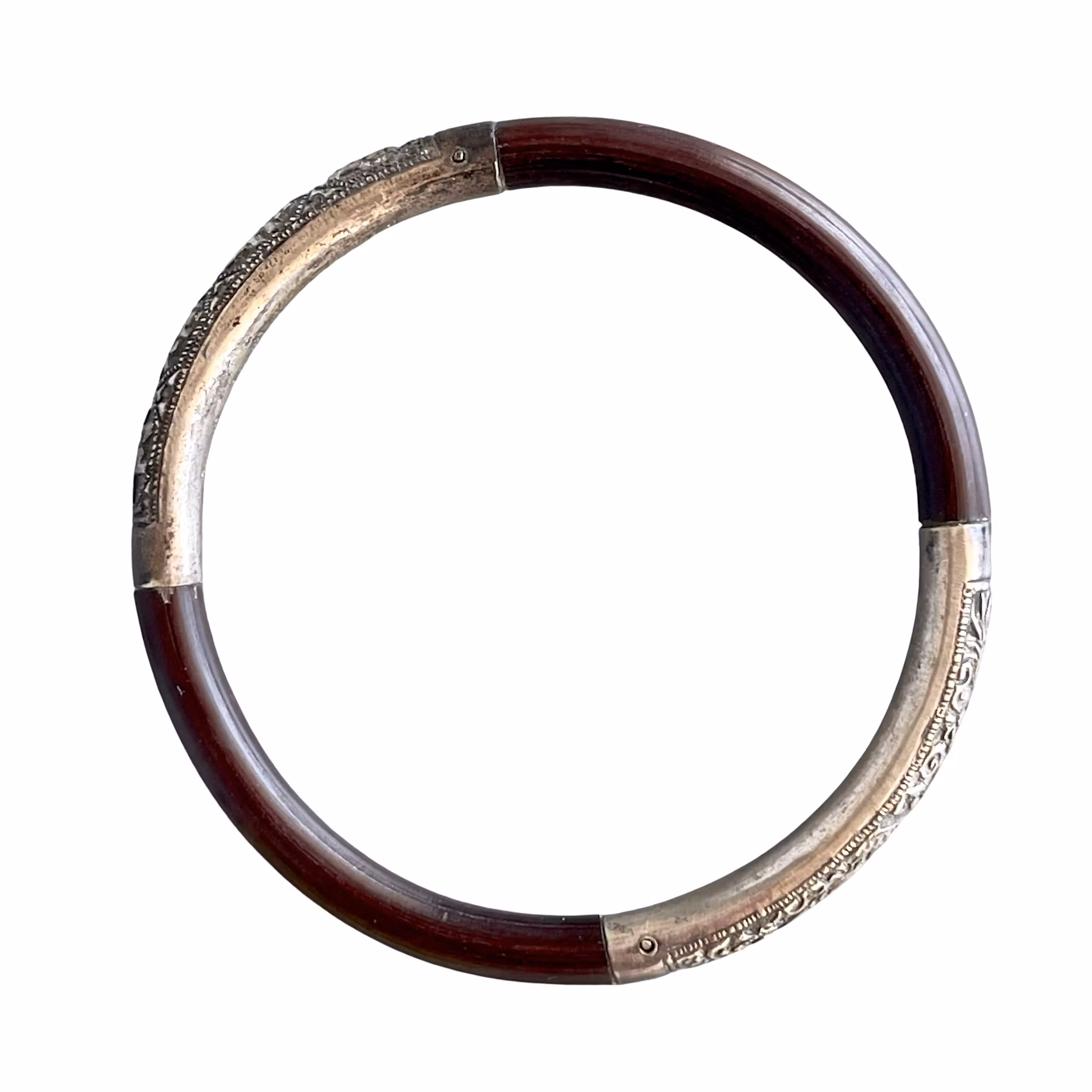 Antik kinesisk armring i stämplat silver och bambu - Lyckotecken & handgraverad dekor