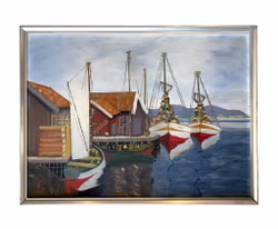 Arvid Ericson 1949 - Oljemålning på pannå - Fiskebåtar i hamn