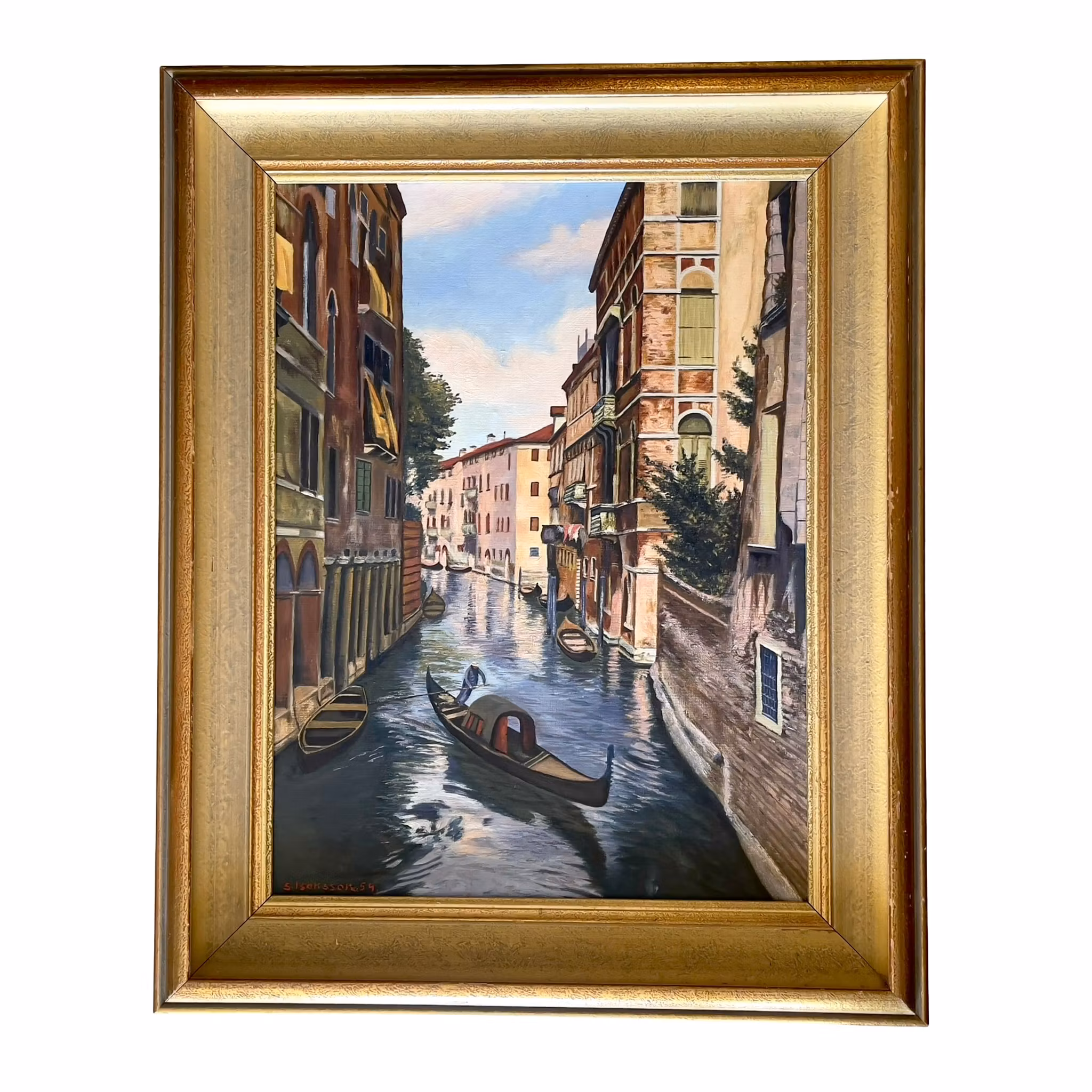 S. Isaksson 1954 - Oljemålning på duk - Venedig med gondoler