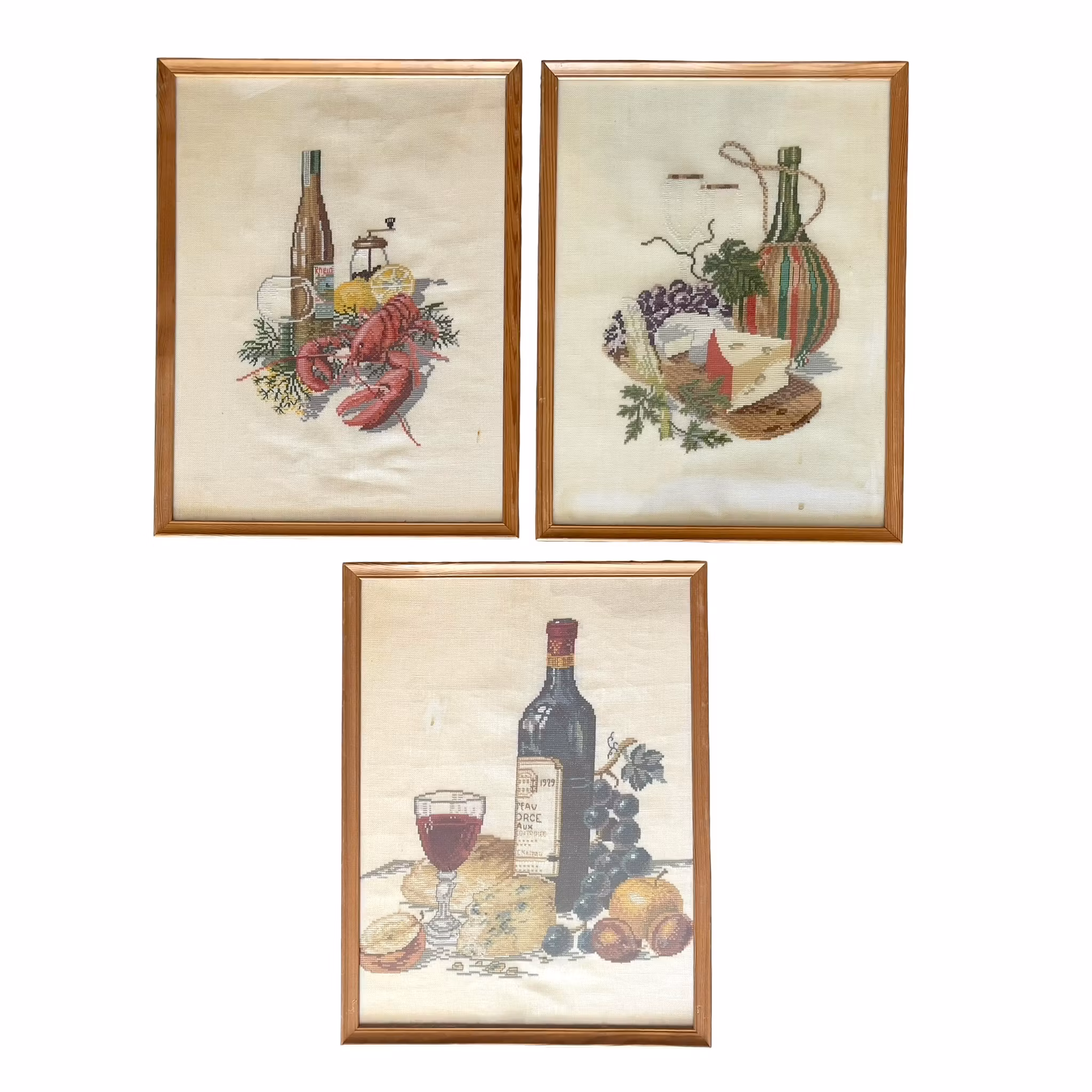 Vintage vackra handbroderade korsstygnstavlor - Mat & Vin och delikatesser