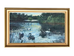 Antique oil painting on canvas - Swans in a peaceful lake landscape