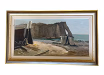 Göte Svensson (1926-1995) - Oljemålning på duk - Kustlandskap med klippor och fiskebodar