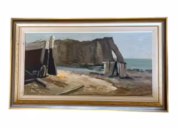 Göte Svensson (1926-1995) - Peinture à l'huile sur toile - Paysage côtier avec falaises et cabanes de pêcheurs