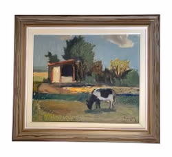 Gideon Isaksson (1918–1989) - Huile sur toile - Paysage avec vache au pâturage