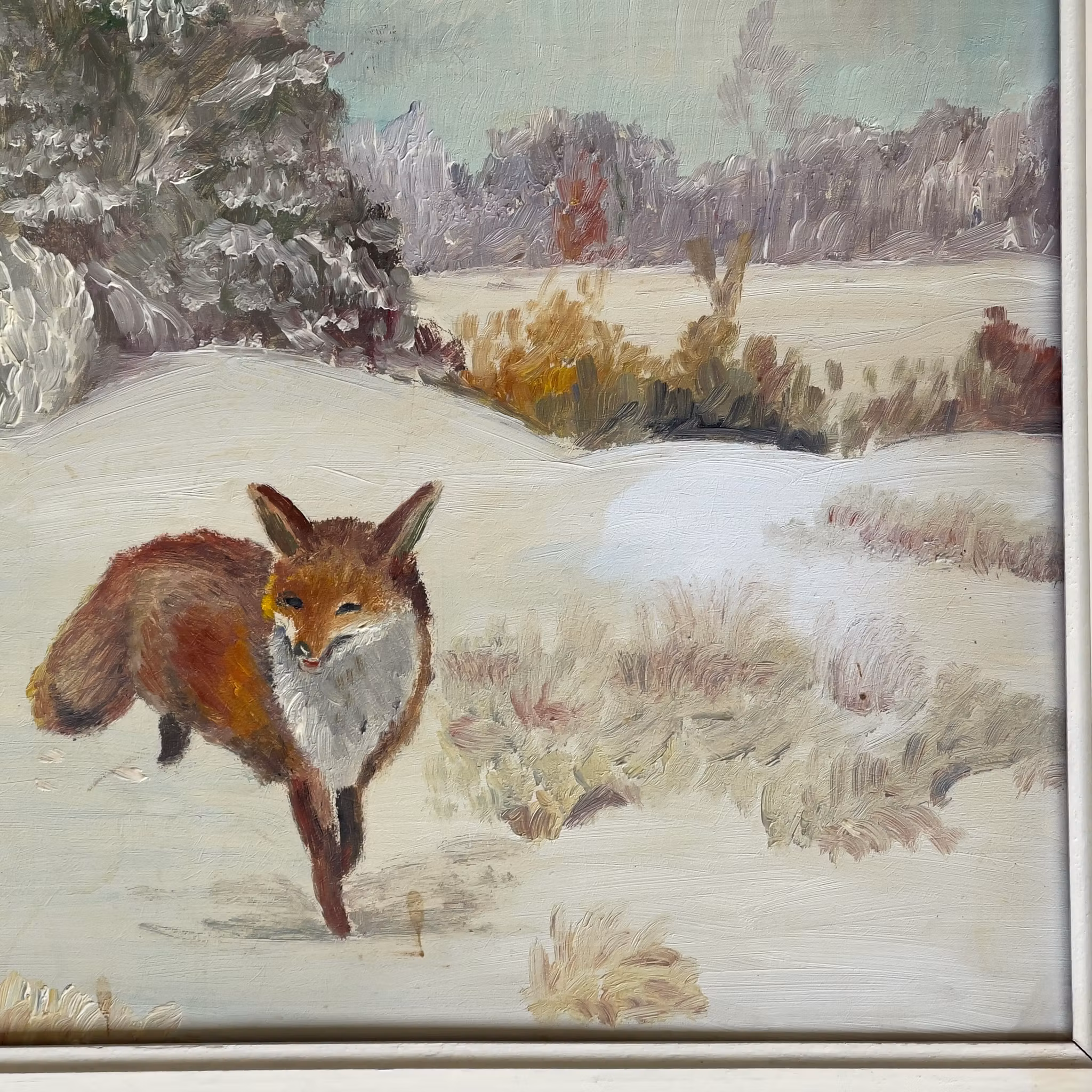 Räv i vinter landskap - Stämningsfull oljemålning på pannå