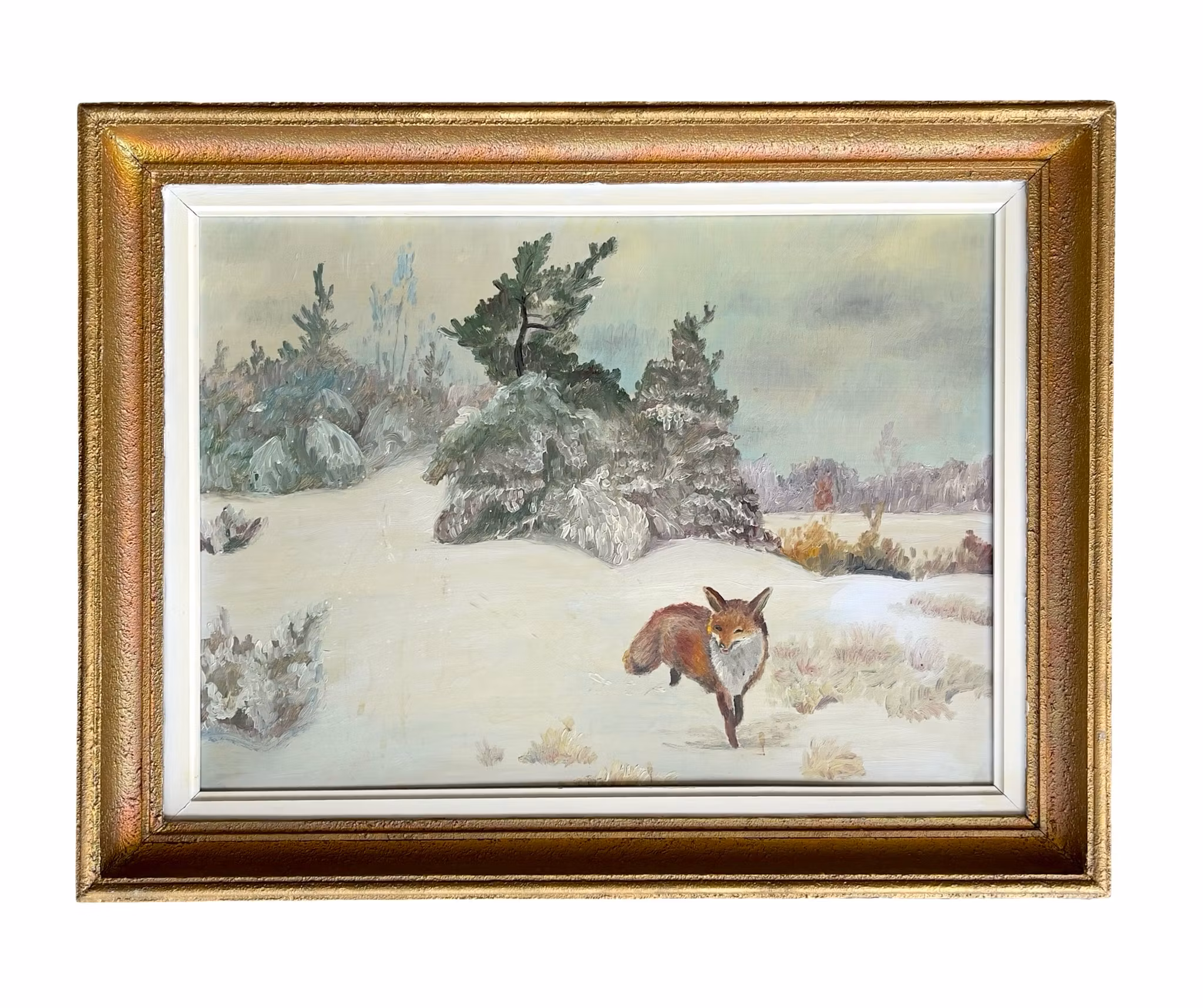 Räv i vinter landskap - Stämningsfull oljemålning på pannå