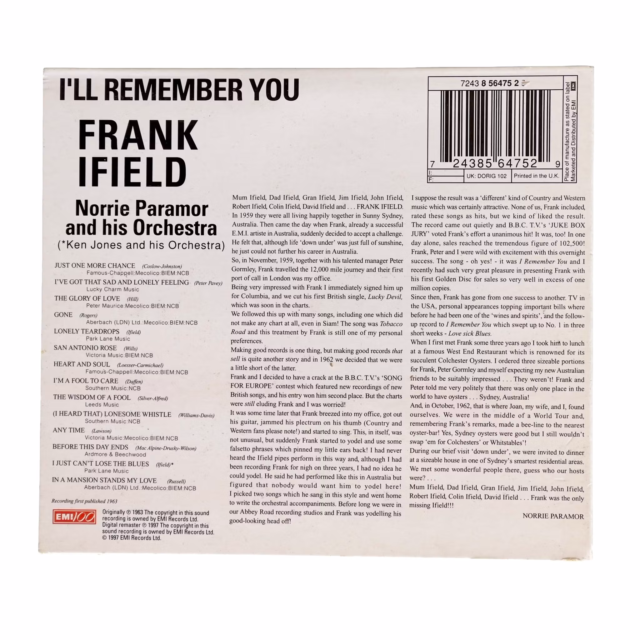 Frank Ifield - I'll Remember You (CD, Remastrad utgåva 1997)