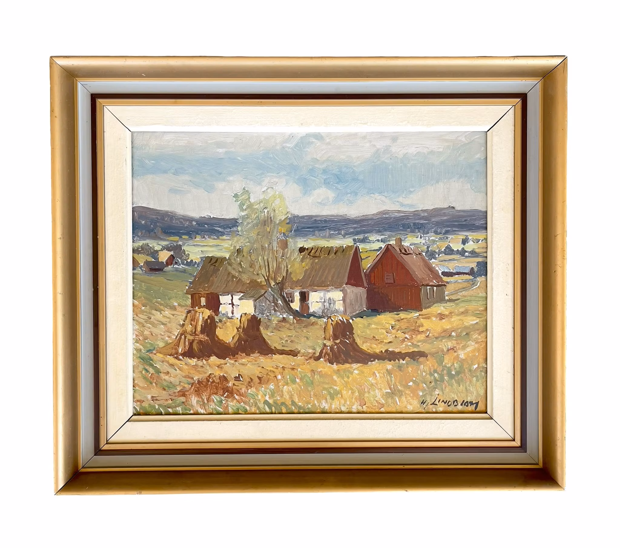 Hjalmar Lindblom (1901-1989) - Oljemålning på pannå - Skånsk gård i landskap