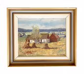 Hjalmar Lindblom (1901-1989) - Oljemålning på pannå - Skånsk gård i landskap