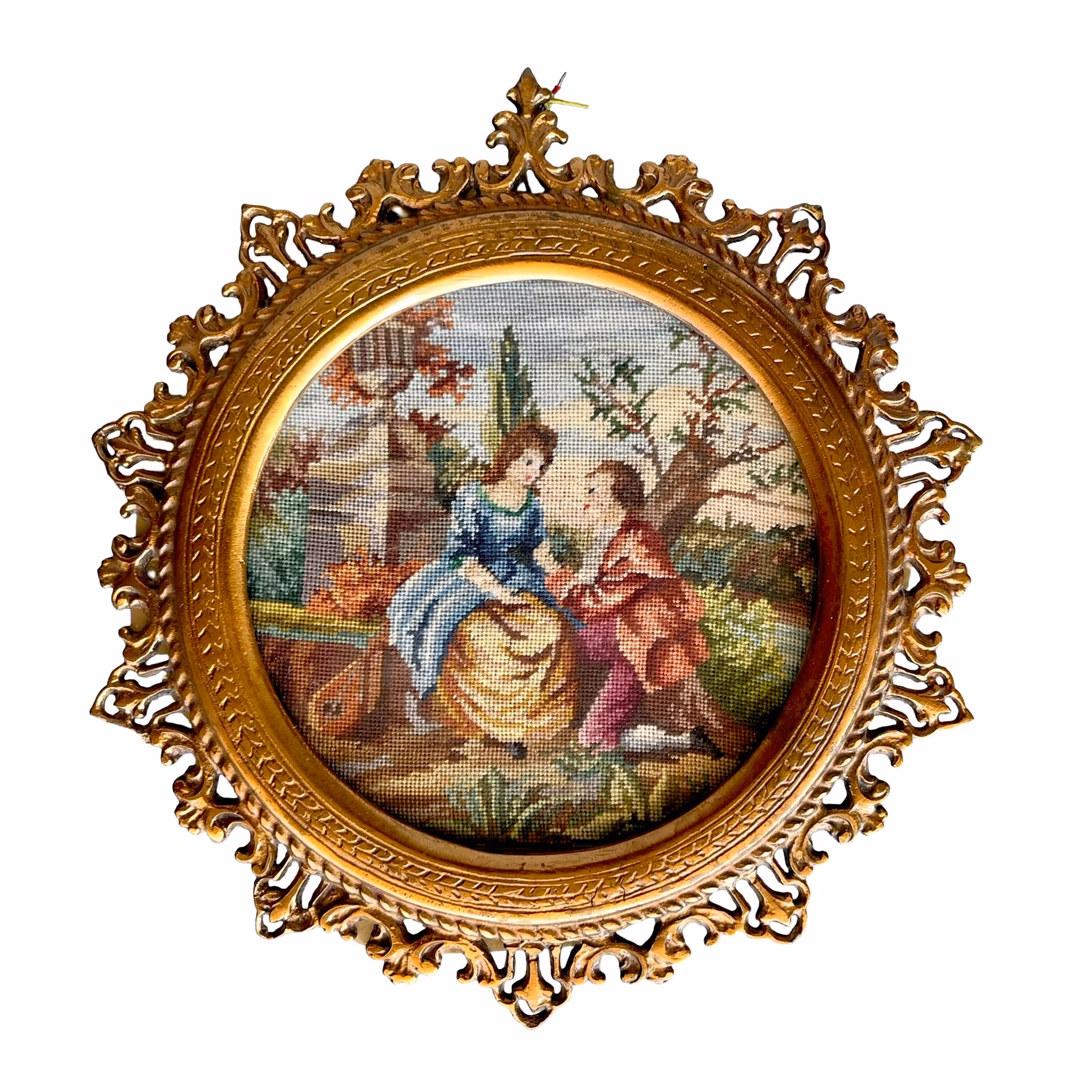 Handbroderad Petit Point - Gobeläng i vacker dekorativ kopparram