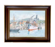 Yngve Andersson (1921-1994) - Oljemålning på duk - Hamnmotiv med fartyg
