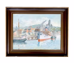 Yngve Andersson (1921-1994) - Oljemaleri på lerret - Havnemotiv med skip