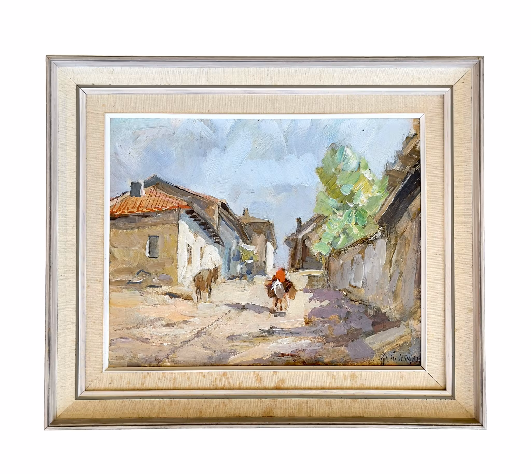 Knut Norman (1896-1977) - Oljemålning på pannå - Gatumotiv med åsnor