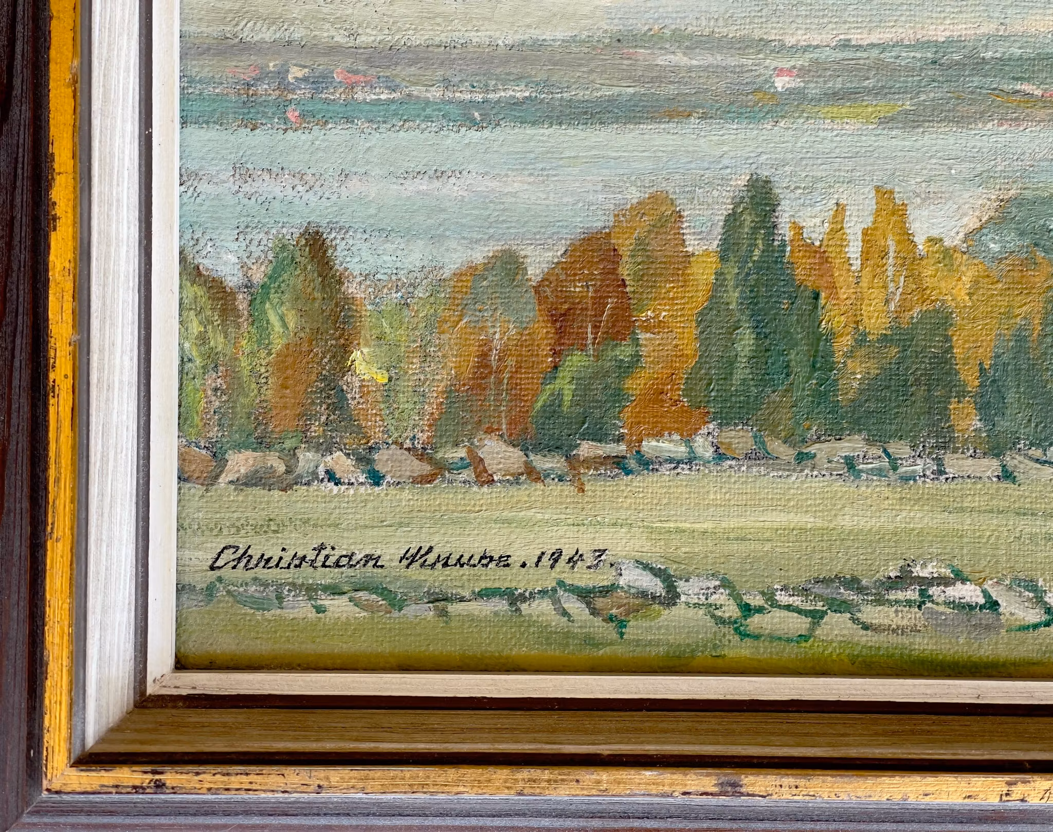 Christian Kruse (1876-1953) - Höstlandskap med sjö & figur - Olja på duk 1943