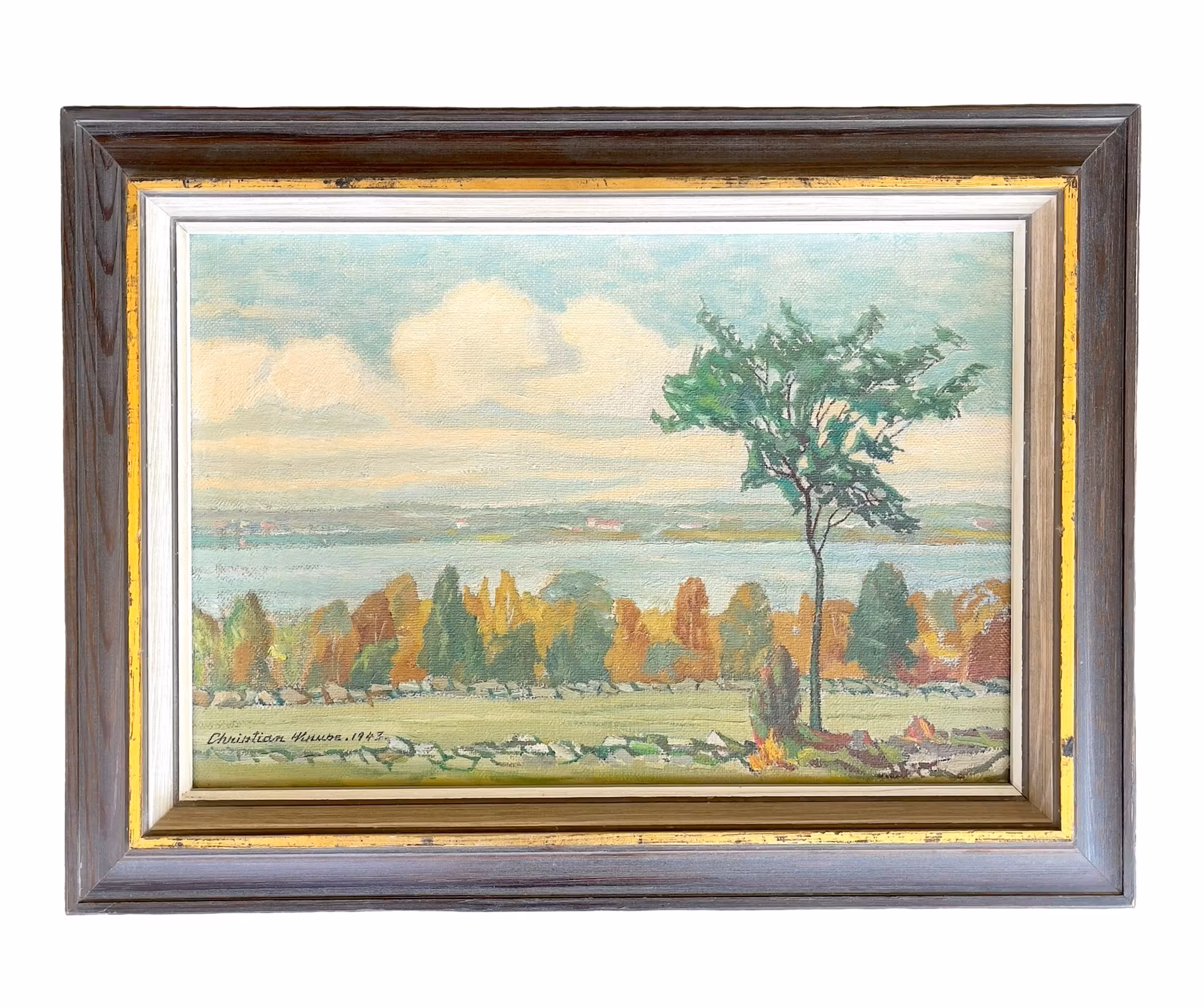 Christian Kruse (1876-1953) - Höstlandskap med sjö & figur - Olja på duk 1943