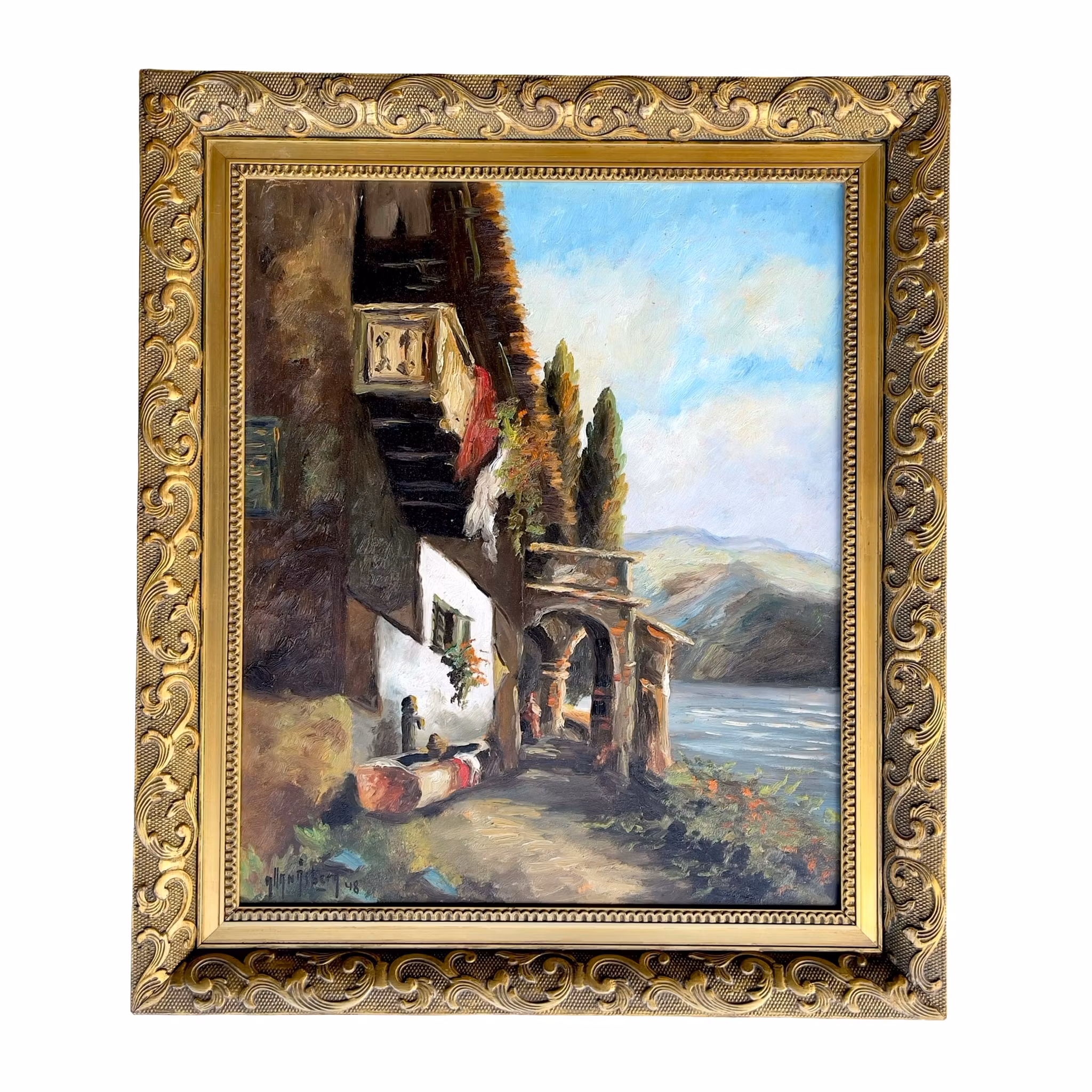Carl Johan Allan Åsberg (1907-1952) - Sydeuropeiskt kustmotiv - Olja på pannå - Signerad 1948
