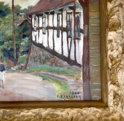 CARL OSCAR LARSSON - Scena uliczna z domem z muru pruskiego - Olej na desce, sygnowany