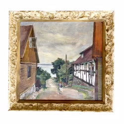 CARL OSCAR LARSSON - Scena uliczna z domem z muru pruskiego - Olej na desce, sygnowany