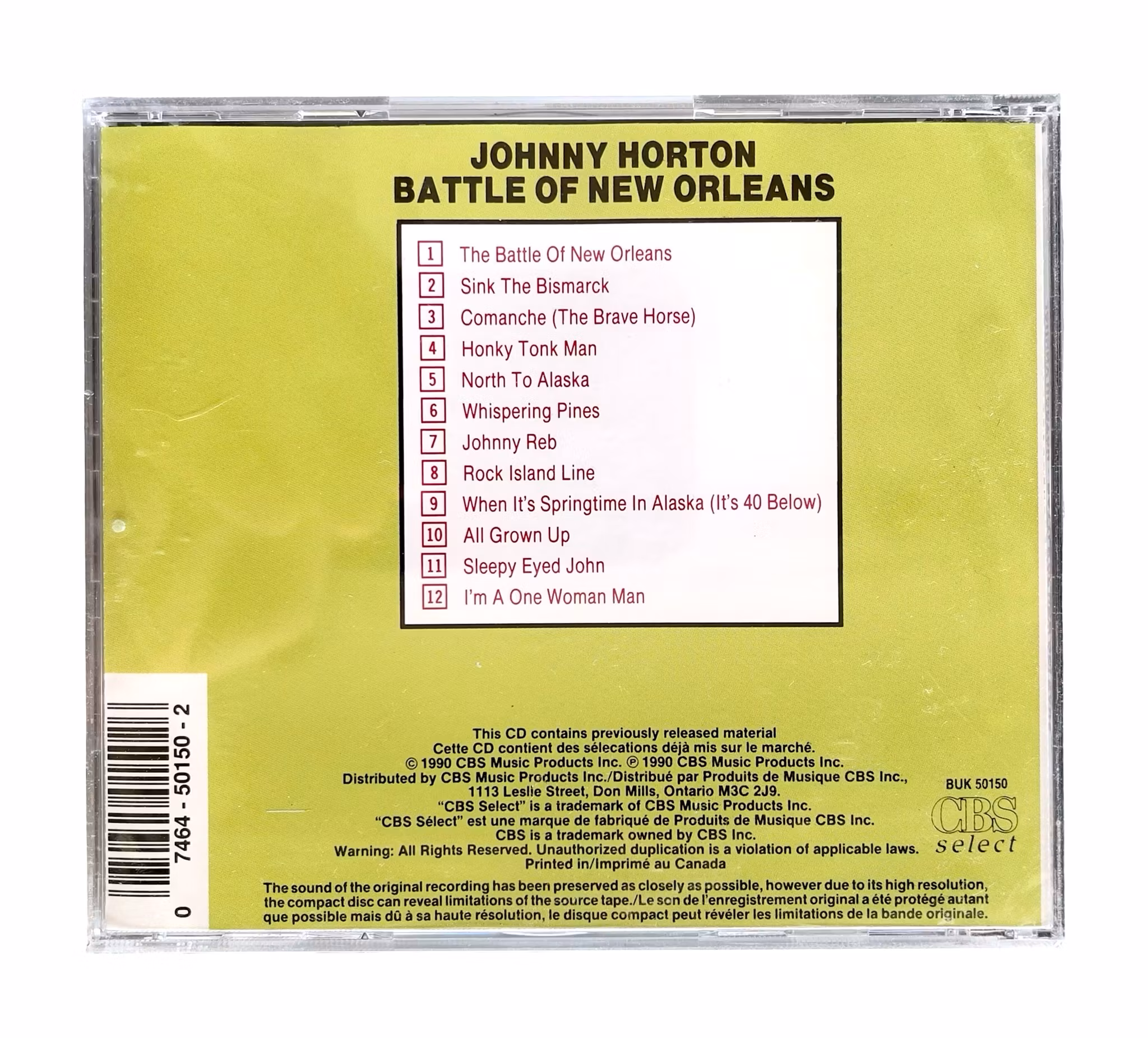 Johnny Horton - Battle of New Orleans - Inplastad CD - CBS Select - 1990