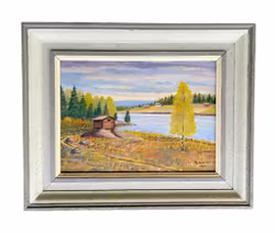 A. Uhnlin - Motyw jeziora i krajobrazu Värmland - Rottneros, Sunne i Gräsmark - Obraz olejny na desce, 1964