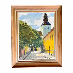 L. Rosengren 1948 – Scena miejska z kościołem – obraz olejny na desce