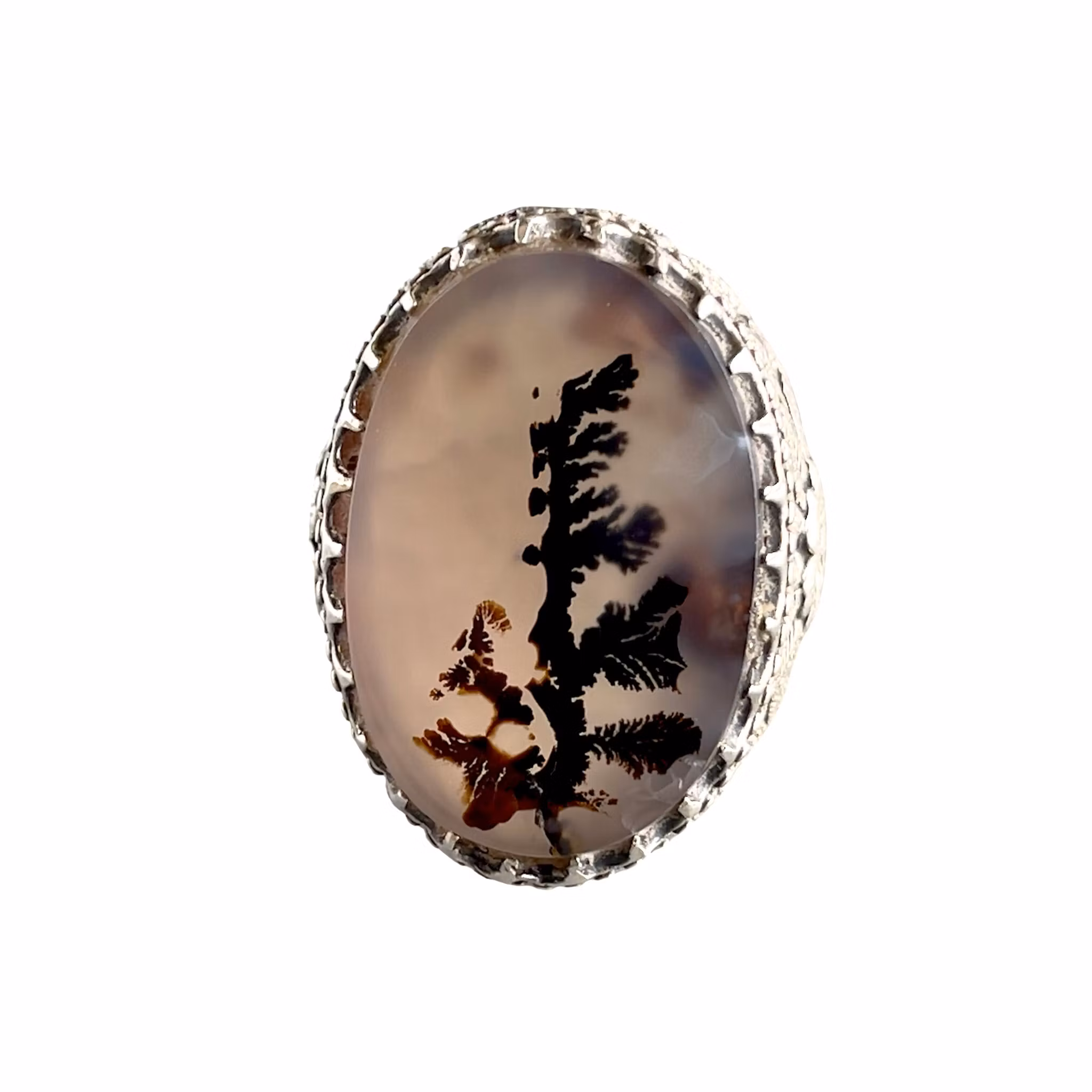 Vintage silverring med dendritisk Agat - Handgjord floral dekor - ca 22 ct