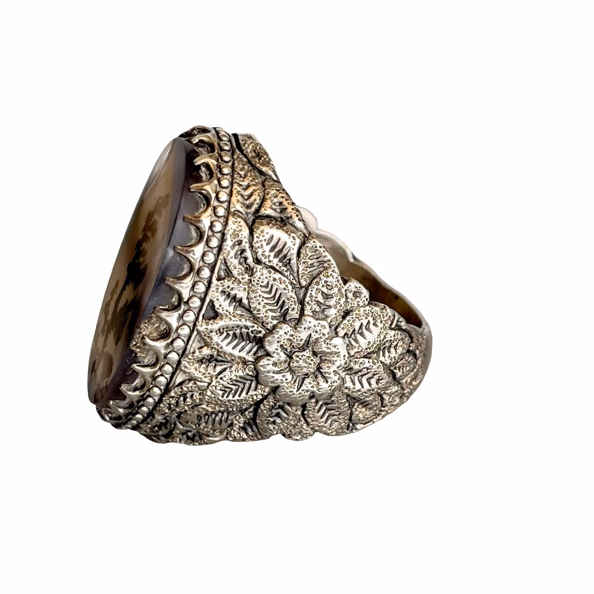 Vintage silverring med dendritisk Agat - Handgjord floral dekor - ca 22 ct