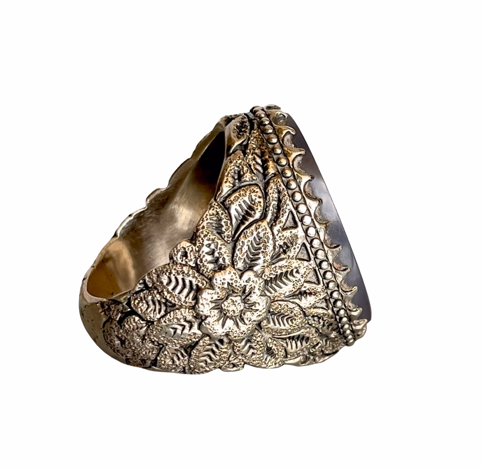 Vintage silverring med dendritisk Agat - Handgjord floral dekor - ca 22 ct