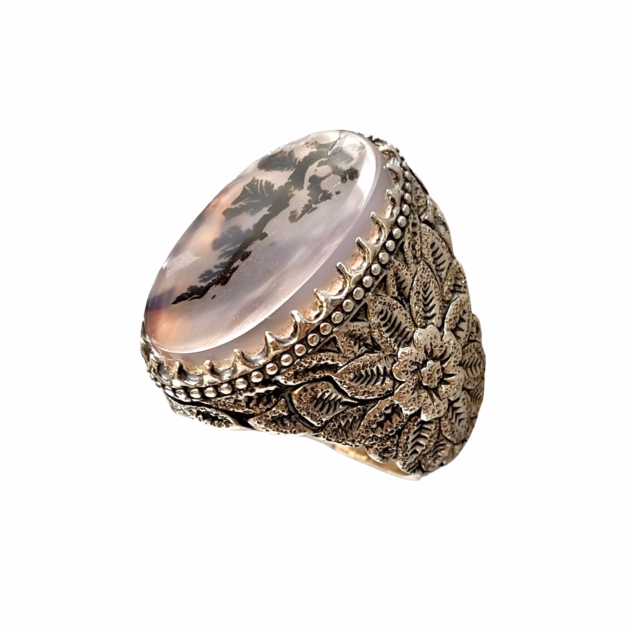 Vintage silverring med dendritisk Agat - Handgjord floral dekor - ca 22 ct
