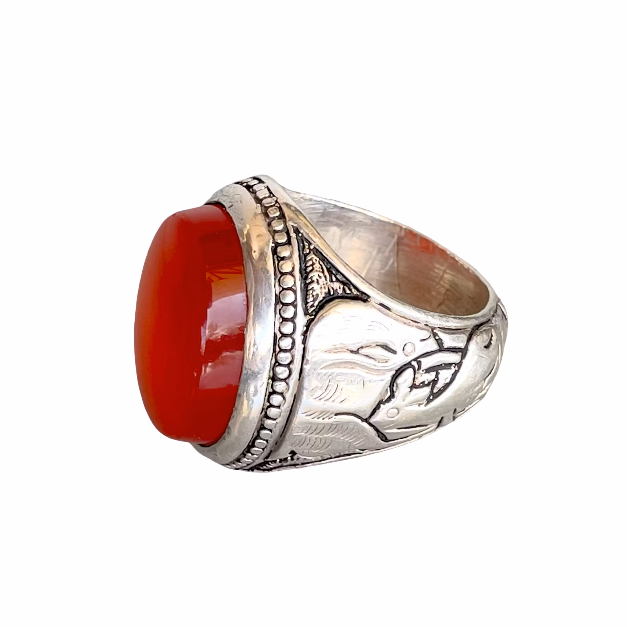 20 Ct Jemenitisk Aqeeq Agat Silverring - 33 g - Traditionellt Silverarbete