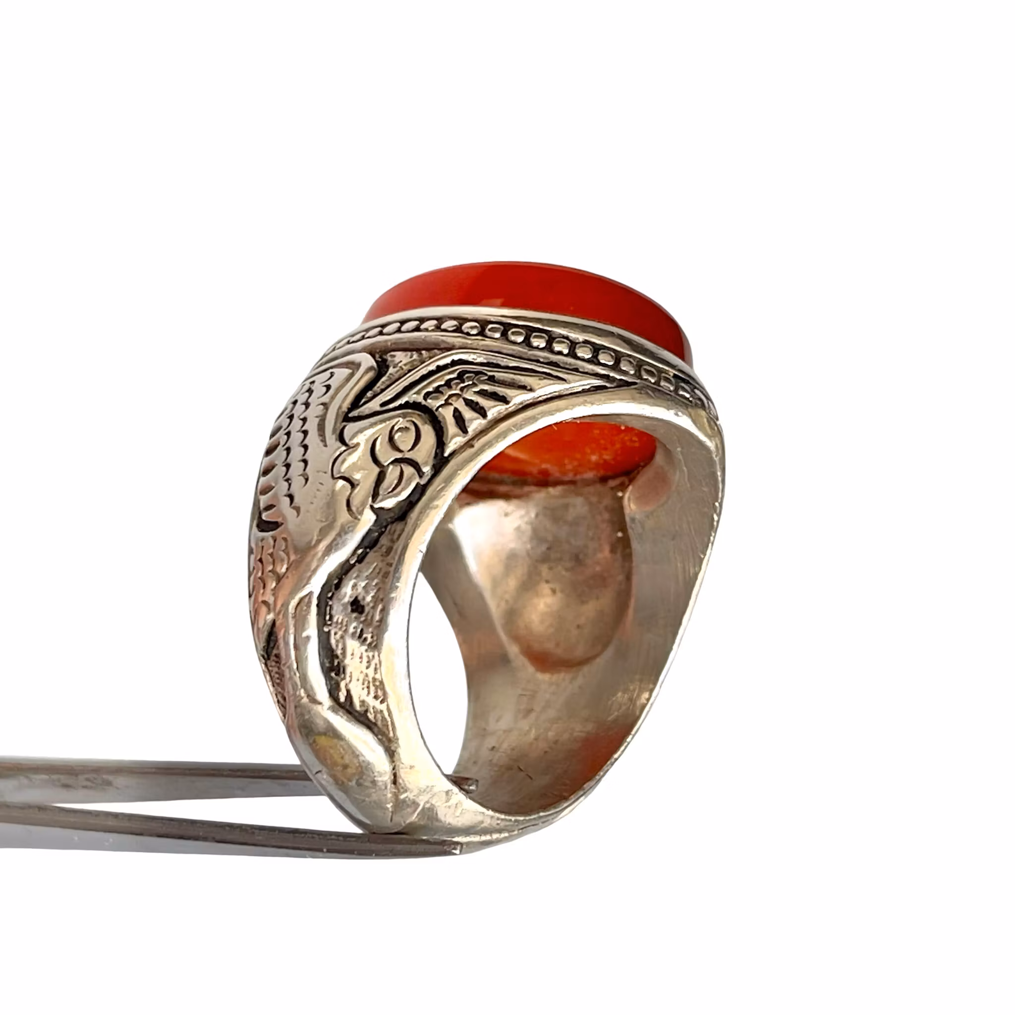 20 Ct Jemenitisk Aqeeq Agat Silverring - 33 g - Traditionellt Silverarbete