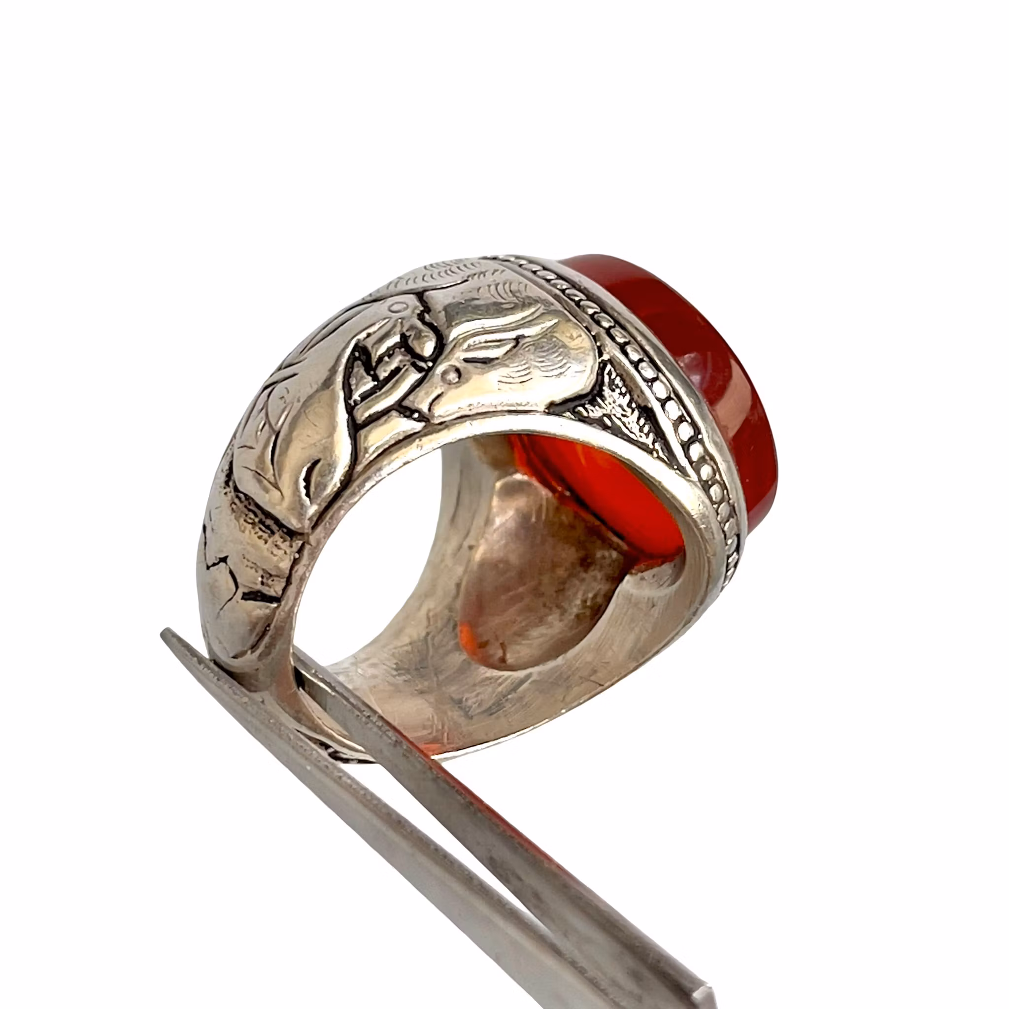 20 Ct Jemenitisk Aqeeq Agat Silverring - 33 g - Traditionellt Silverarbete