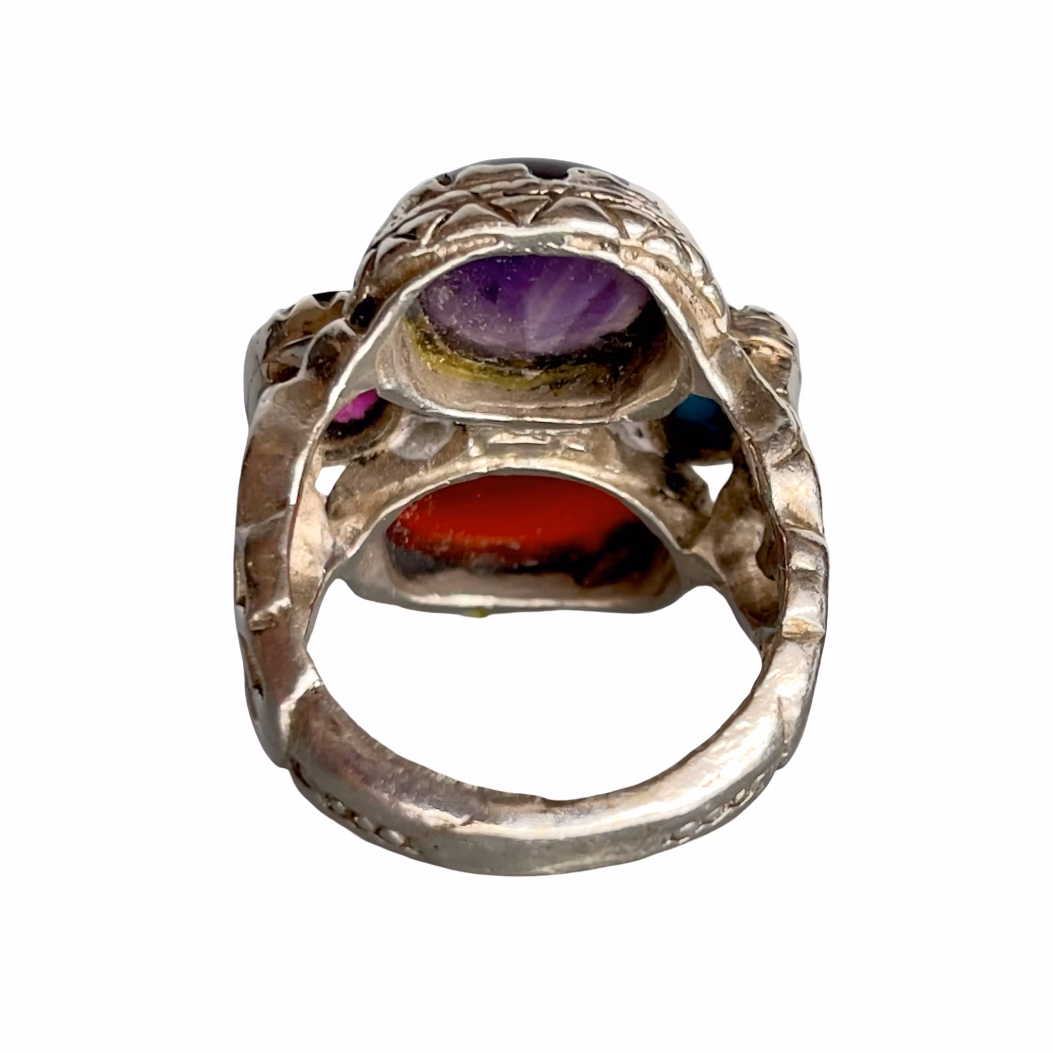 Antik multisten silverring - 10,5 ct - Rubin, Ametist, Smaragd & Nishapur turkos, Agat
