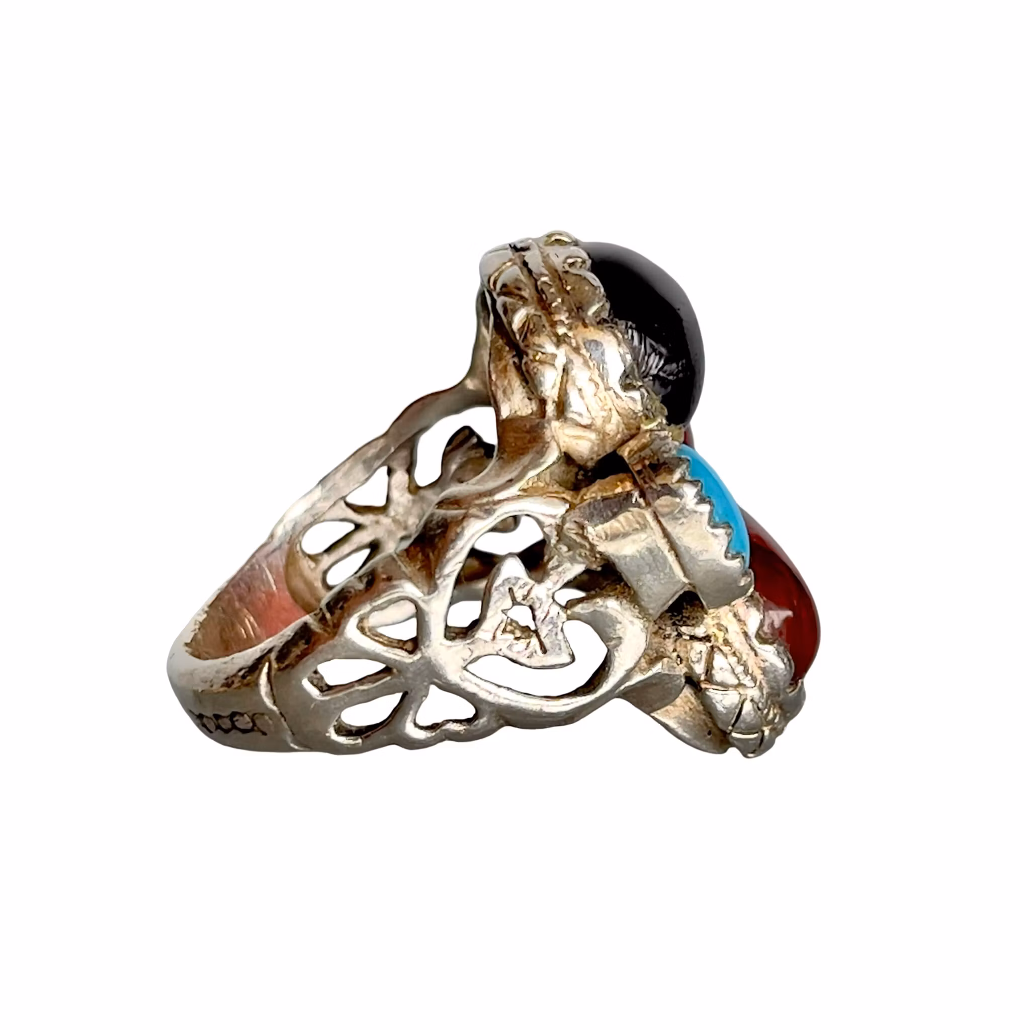 Antik multisten silverring - 10,5 ct - Rubin, Ametist, Smaragd & Nishapur turkos, Agat