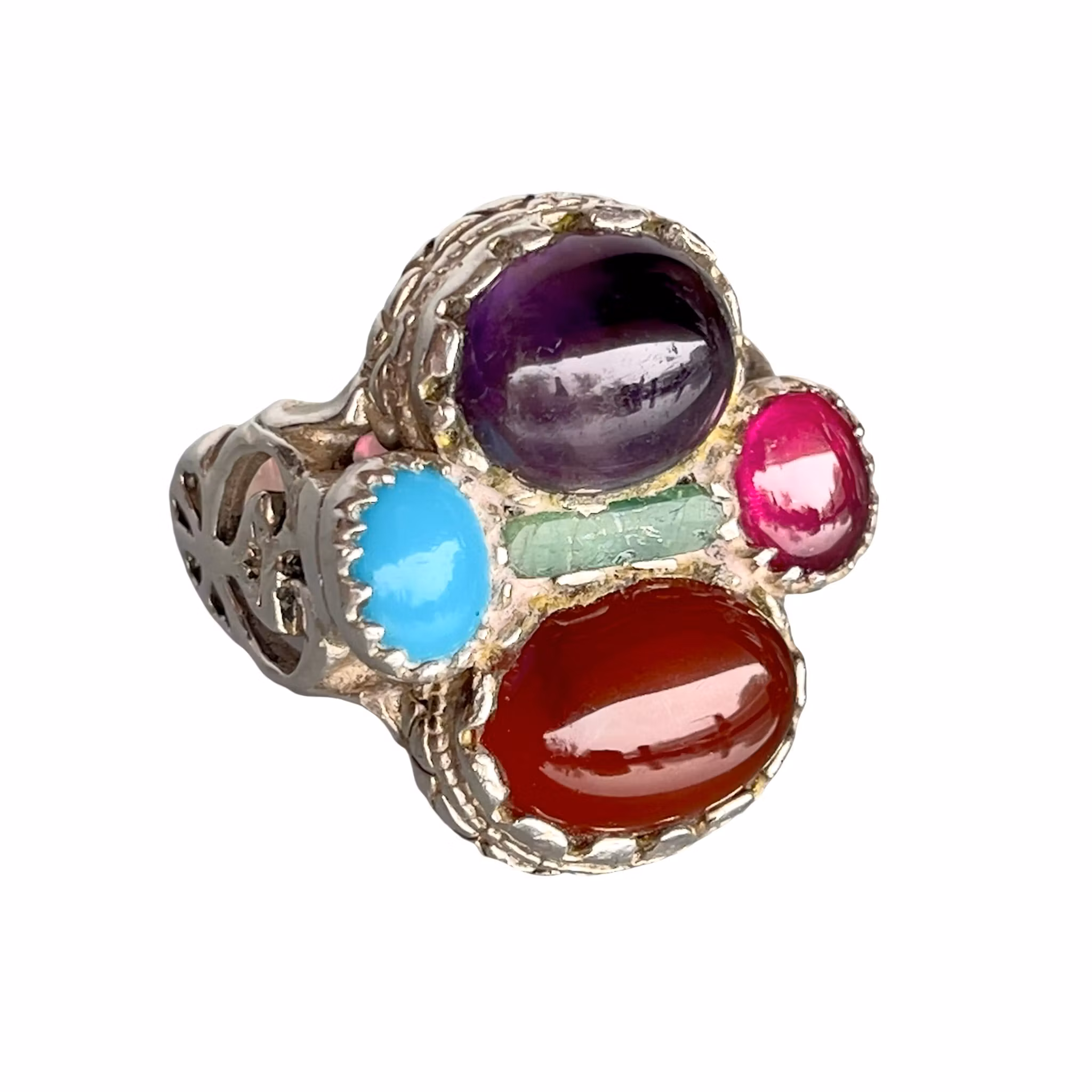 Antik multisten silverring - 10,5 ct - Rubin, Ametist, Smaragd & Nishapur turkos, Agat